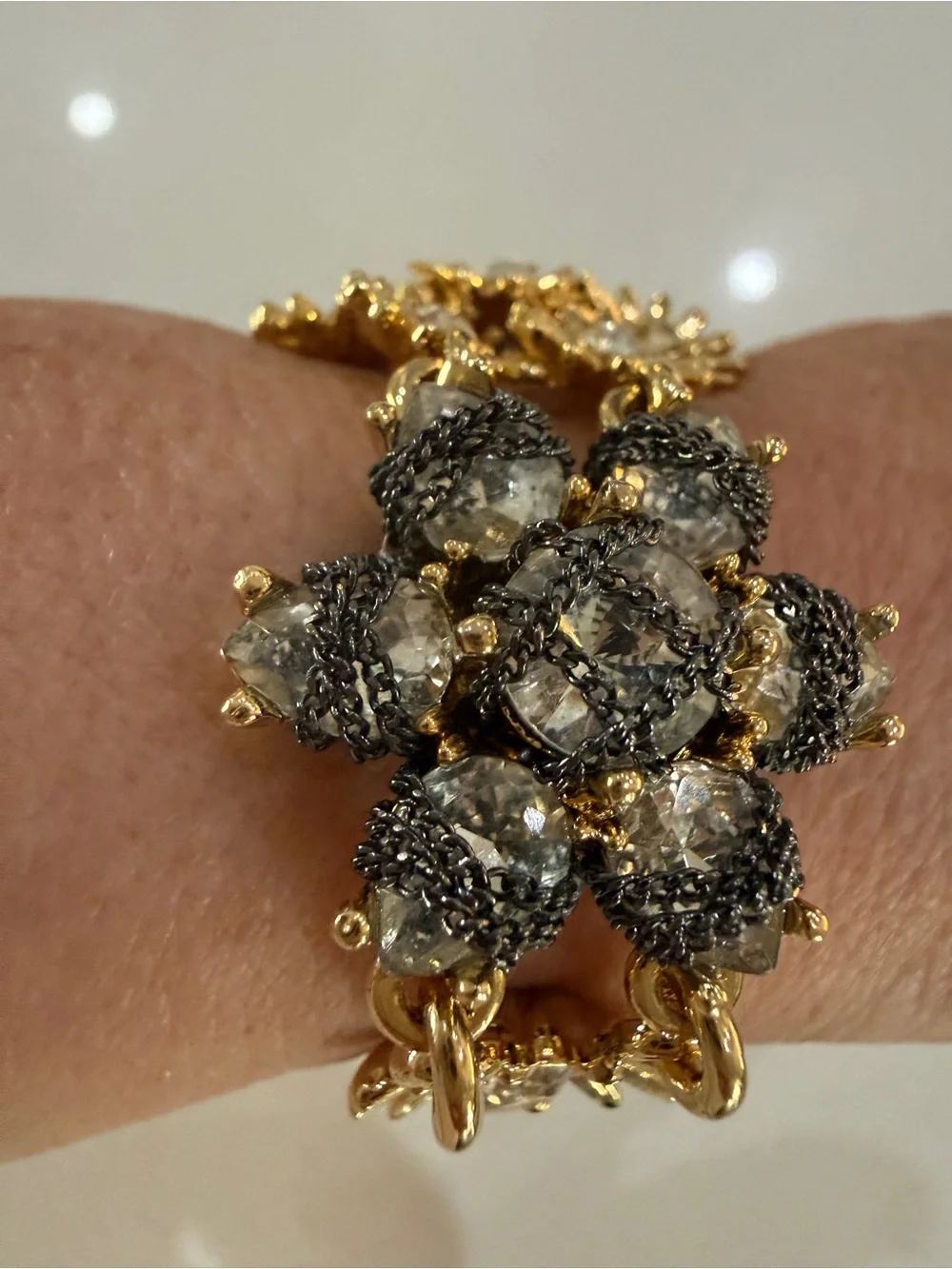 Ann Taylor Gold and Black Crystal Floral Bracelet